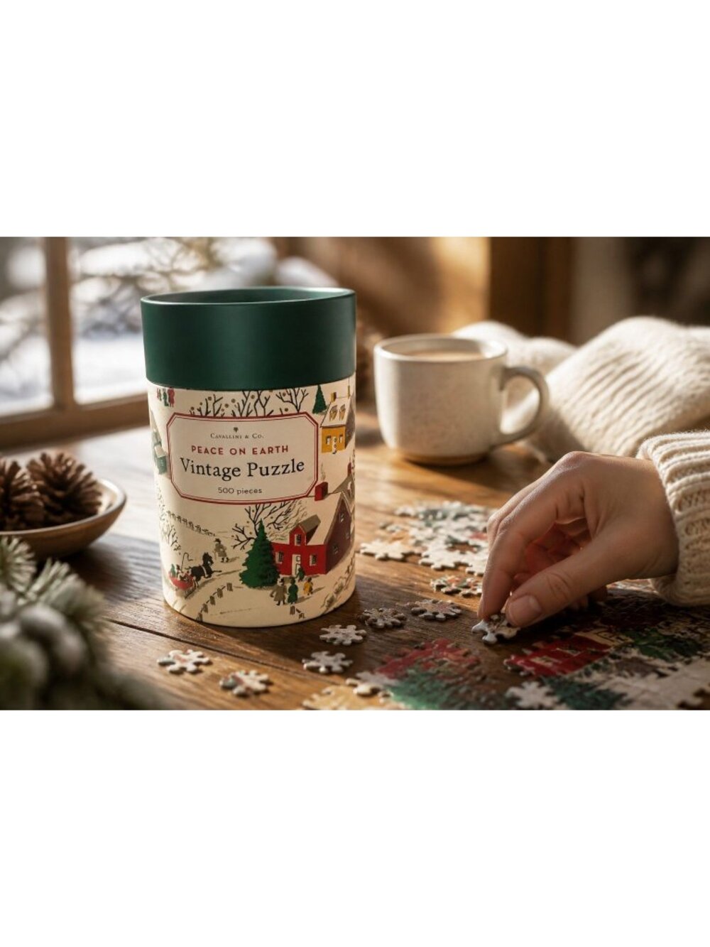 New Cavallini & Co. Peace On Earth Vintage Puzzle 500 Pieces 14"x22" Winter Scen
